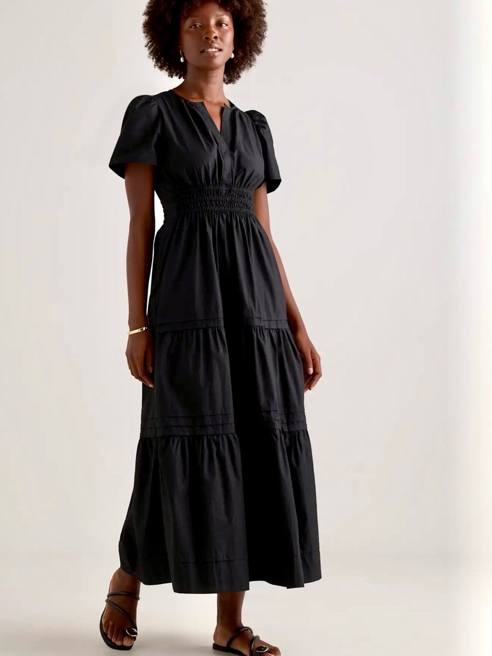 Quince 100% Organic Cotton Tiered Maxi Dress Black Current Retail $70 Small NWT